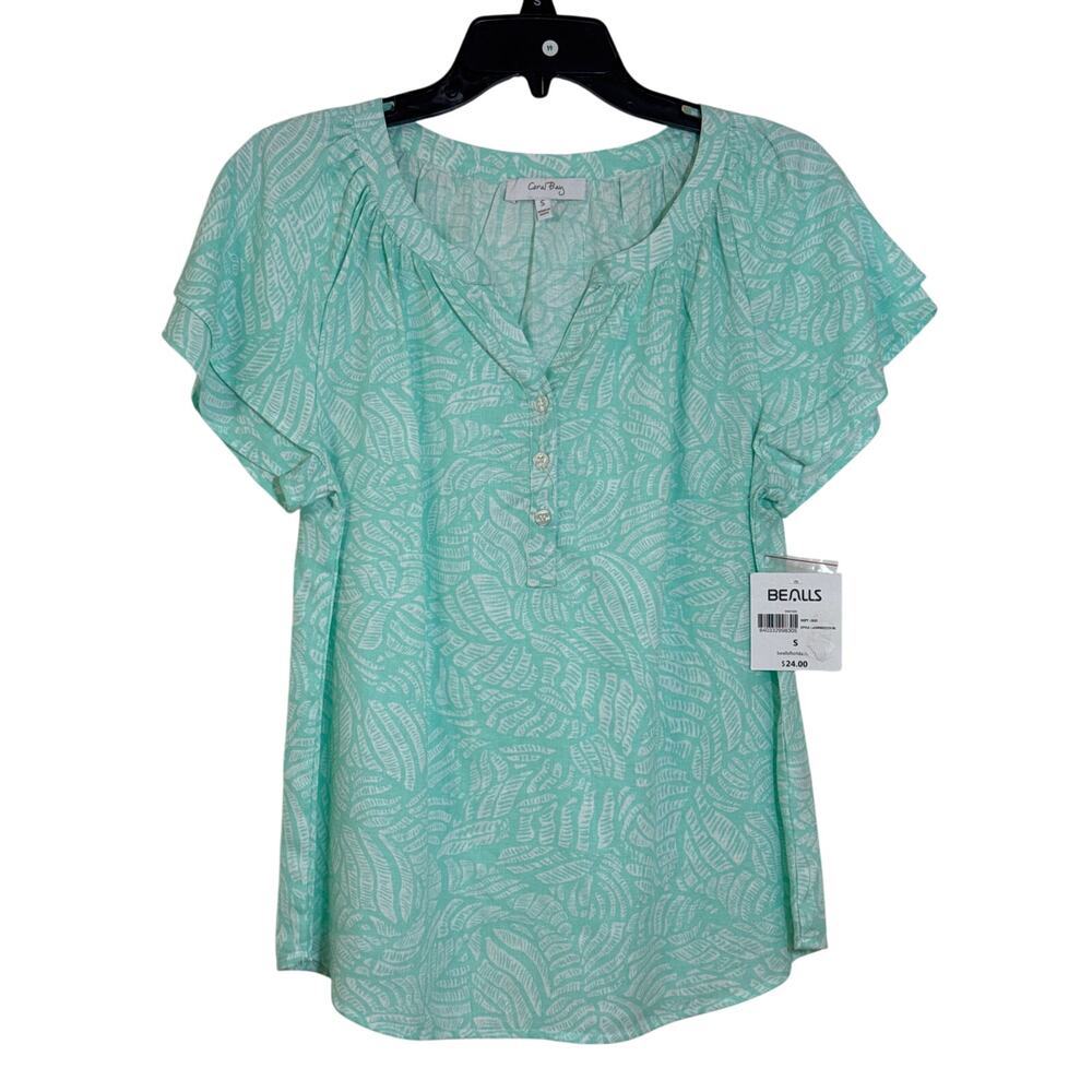 Coral Bay Small White & Mint Green V-neck 3 Button Blouse Layered Cap Sleeves
